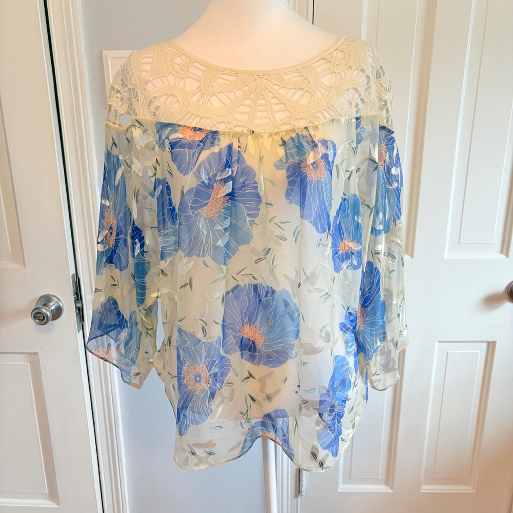 Vanessa Virginia Womens 10 Blouse Blue Floral Silk Blend Lace Yoke Sheer Burnout